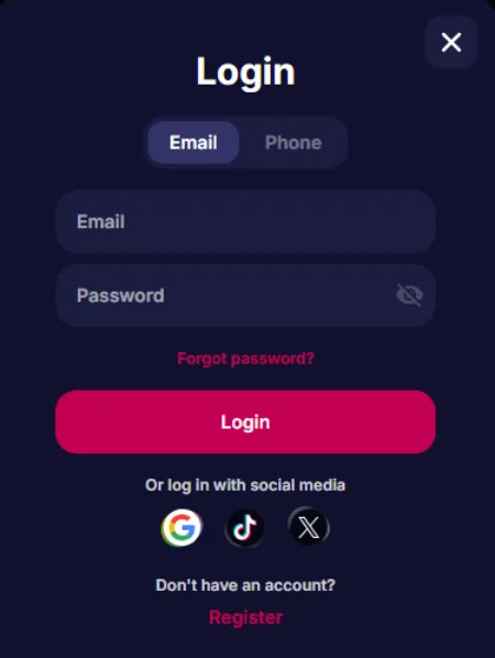 NV Casino login skærmbillede